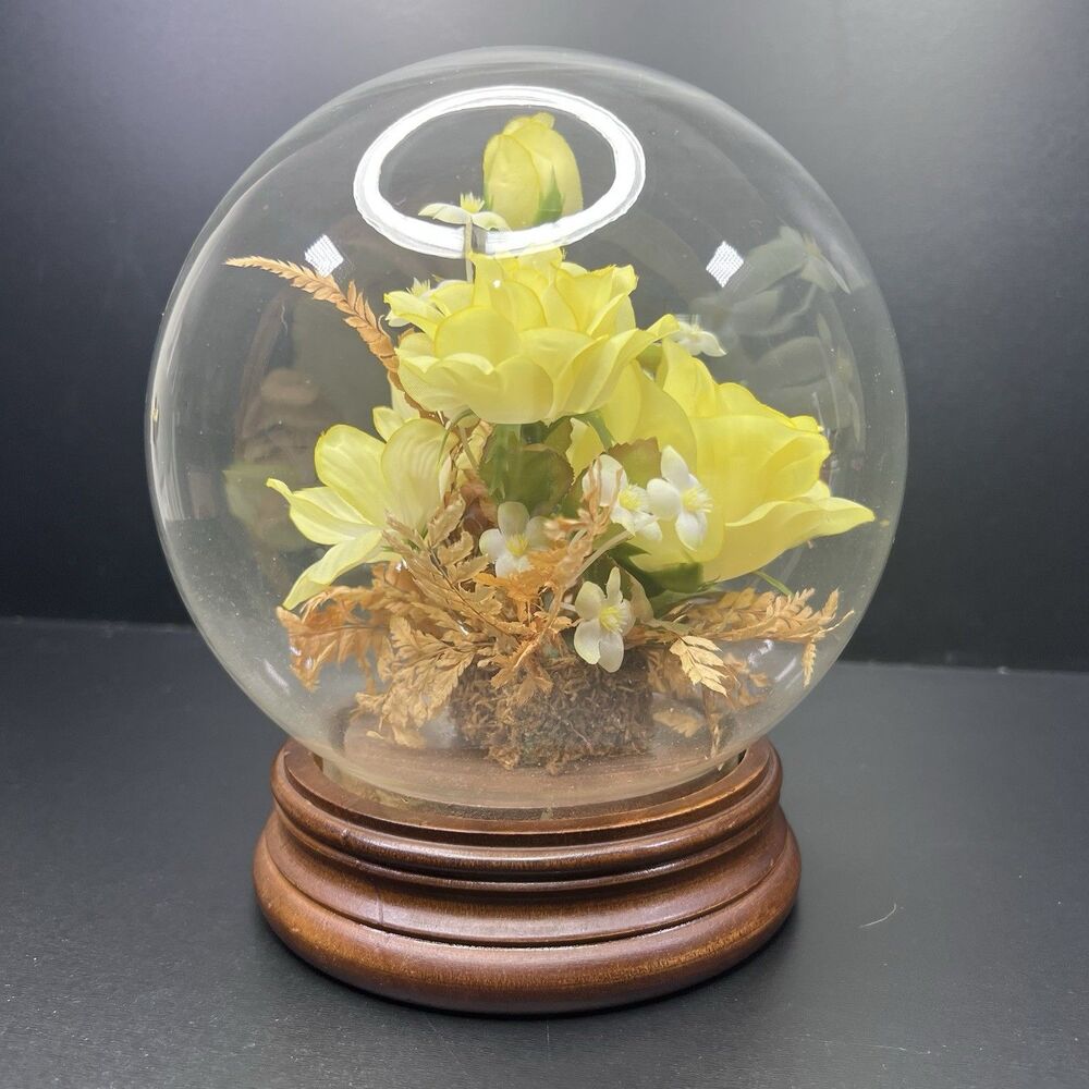 Vintage Glass Dome With Faux Flowers And Dried Fern Wooden Base Mothers Day Gift